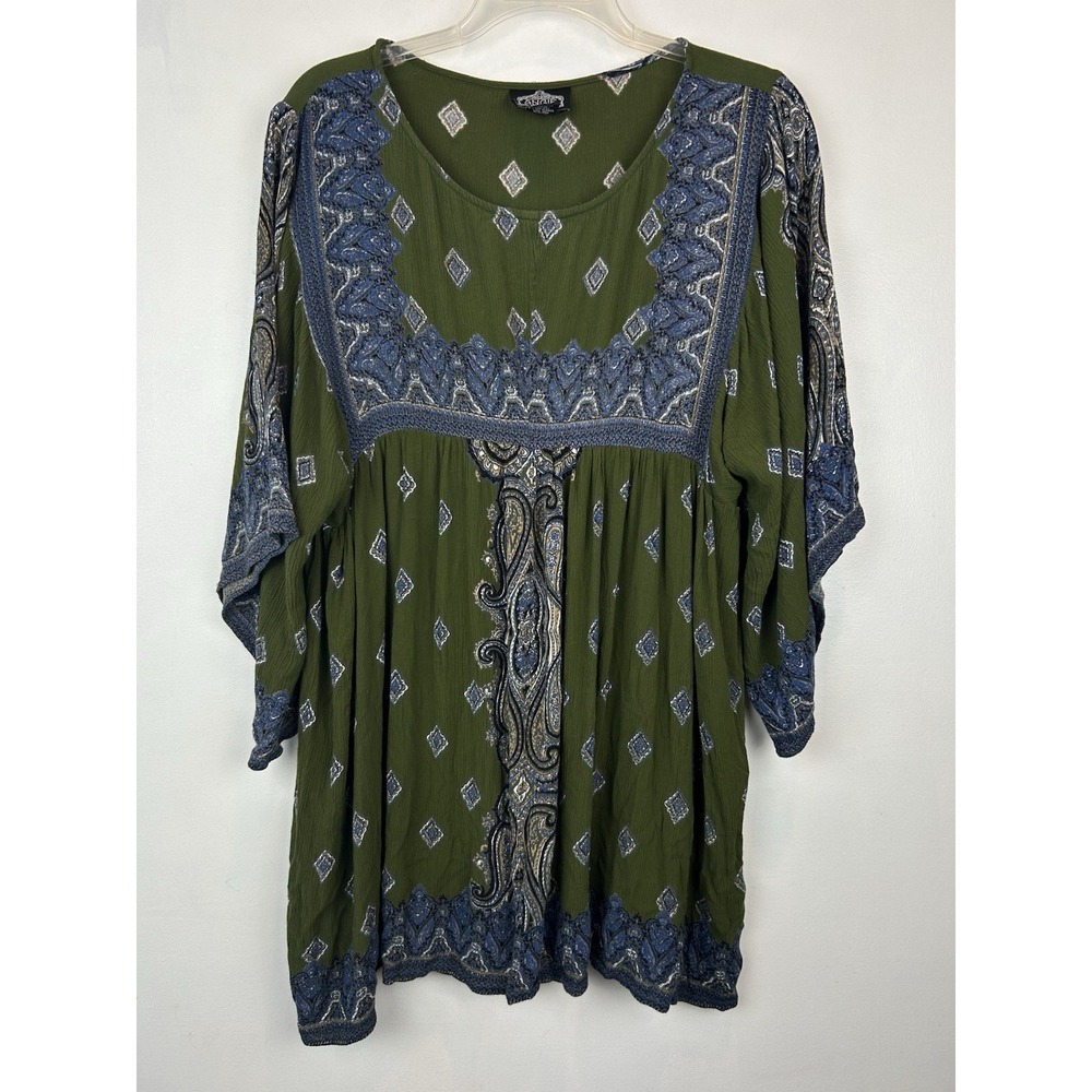Angie Tunic Blouse Womens Medium Green Paisley Bell Sleeve Smocked Boho Flowy
